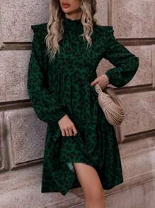 SHEIN LUNE Leopard Print Ruffle Trim Smock Dress - Dark Green - View 6
