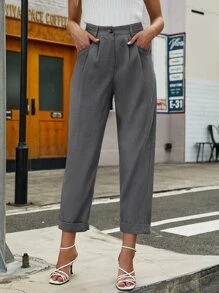 SHEIN Privé High Waist Roll Hem Straight Leg Trousers - Grey - View 5