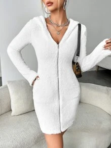 SHEIN EZwear Abrigo con cremallera con capucha de franela