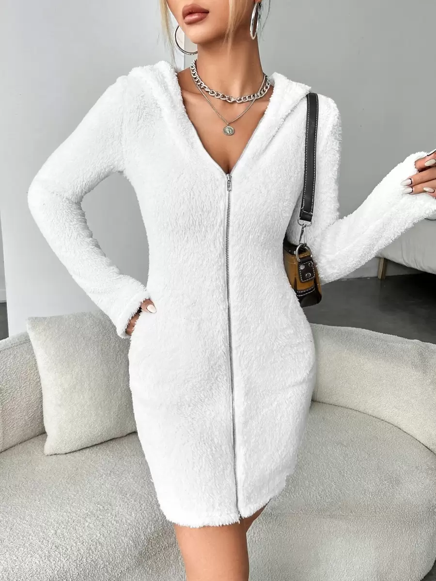 SHEIN EZwear Abrigo con cremallera con capucha de franela
