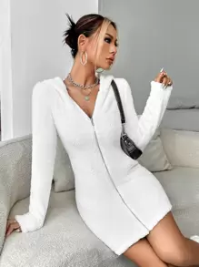 SHEIN EZwear Abrigo con cremallera con capucha de franela