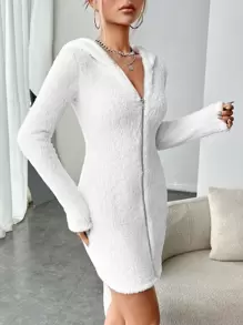 SHEIN EZwear Abrigo con cremallera con capucha de franela