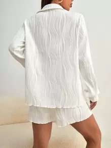 SHEIN EZwear 素色燈籠袖紋理質感襯衫和短褲 - 白色 - 查看 4