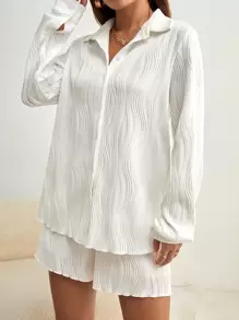 SHEIN EZwear 素色燈籠袖紋理質感襯衫和短褲 - 白色 - 查看 3