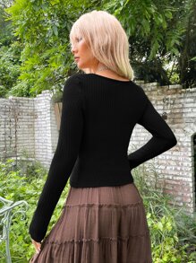 ROMWE PUNK Grunge Contrast Lace Press Buttoned Front Waffle Knit Tee - Black - View 2