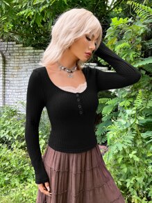 ROMWE PUNK Grunge Contrast Lace Press Buttoned Front Waffle Knit Tee - Black - View 5
