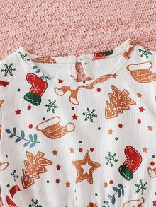 Toddler Girls Christmas Print Ruffle Trim Dress - White - View 4