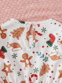 Toddler Girls Christmas Print Ruffle Trim Dress - White - View 5