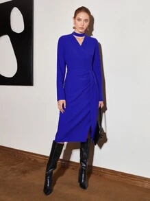 MOTF PREMIUM 鎖孔圍裹褶皺毛衣裙 - 寶藍色 - 查看 9