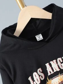 Girls Letter And Motorcycle Print Hoodie & Joggers - Black - View 5