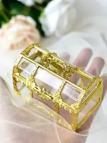 1 caja de almacenamiento de joyería de diseño Vintage, organizador de joyería de plástico transparente portátil, para el hogar - Dorado - Ver 1