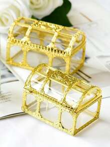 1 caja de almacenamiento de joyería de diseño Vintage, organizador de joyería de plástico transparente portátil, para el hogar - Dorado - Ver 6