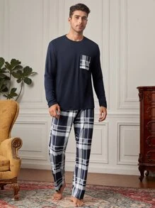 Hombres Conjunto de pijama con estampado de cuadros - Azul y blanco - Ver 1