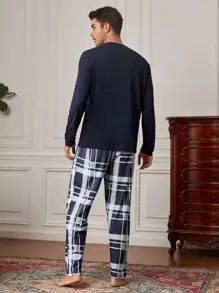 Hombres Conjunto de pijama con estampado de cuadros - Azul y blanco - Ver 2