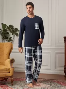 Hombres Conjunto de pijama con estampado de cuadros - Azul y blanco - Ver 3