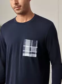 Hombres Conjunto de pijama con estampado de cuadros - Azul y blanco - Ver 4