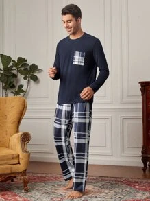 Hombres Conjunto de pijama con estampado de cuadros - Azul y blanco - Ver 5