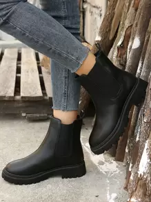 Women's Black Leather Round Toe Slip-On Mid-Calf Boots, Thick Warm Flat Low Heel Casual Party Sexy Chelsea Stylish Boots, Slim And Tall