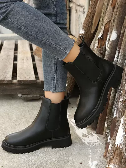Women's Black Leather Round Toe Slip-On Mid-Calf Boots, Thick Warm Flat Low Heel Casual Party Sexy Chelsea Stylish Boots, Slim And Tall