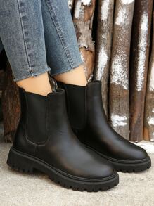 Women's Black Leather Round Toe Slip-On Mid-Calf Boots, Thick Warm Flat Low Heel Casual Party Sexy Chelsea Stylish Boots, Slim And Tall