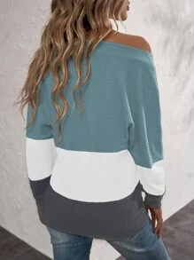 SHEIN LUNE Waffle Knit Colorblock Batwing Sleeve Tee - Cadet Blue - View 2