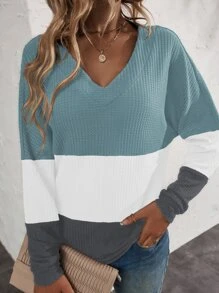 SHEIN LUNE Waffle Knit Colorblock Batwing Sleeve Tee - Cadet Blue - View 4