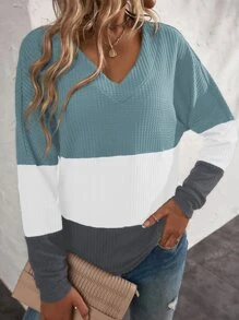 SHEIN LUNE Waffle Knit Colorblock Batwing Sleeve Tee - Cadet Blue - View 6