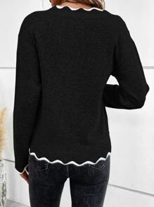 SHEIN LUNE Scallop Trim Drop Shoulder Jumper - Black - View 2