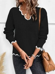 SHEIN LUNE Scallop Trim Drop Shoulder Jumper - Black - View 6