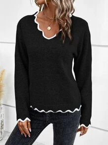 SHEIN LUNE Scallop Trim Drop Shoulder Jumper - Black - View 7