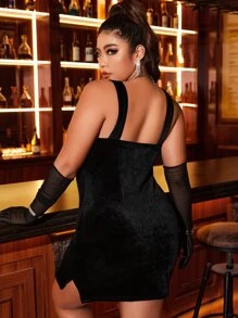 Plus Fringe Trim Velvet Bodycon Dress - Black - View 3