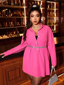 SHEIN Unity Plus Drop Shoulder Button Front Shirt Without Belt - Hot Pink - View 4