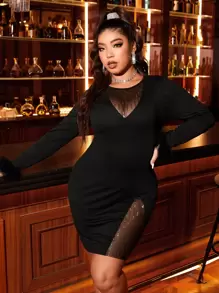 Allurite Plus Contrast Mesh Sequin Detail Bodycon Dress - Black - View 1