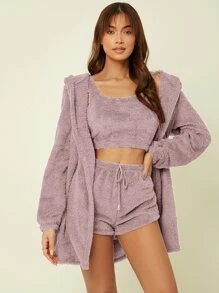 Crop Flannel Tank Top & Shorts And Hooded Robe Lounge Set - Mauve Purple - View 4