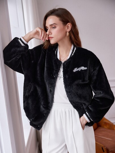SHEIN Letter Embroidery Striped Trim Drop Shoulder Fuzzy Coat