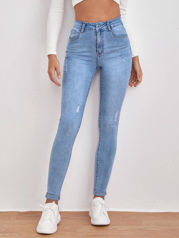 SHEIN Frenchy Schmale Jeans mit hoher Taille, Riss Detail