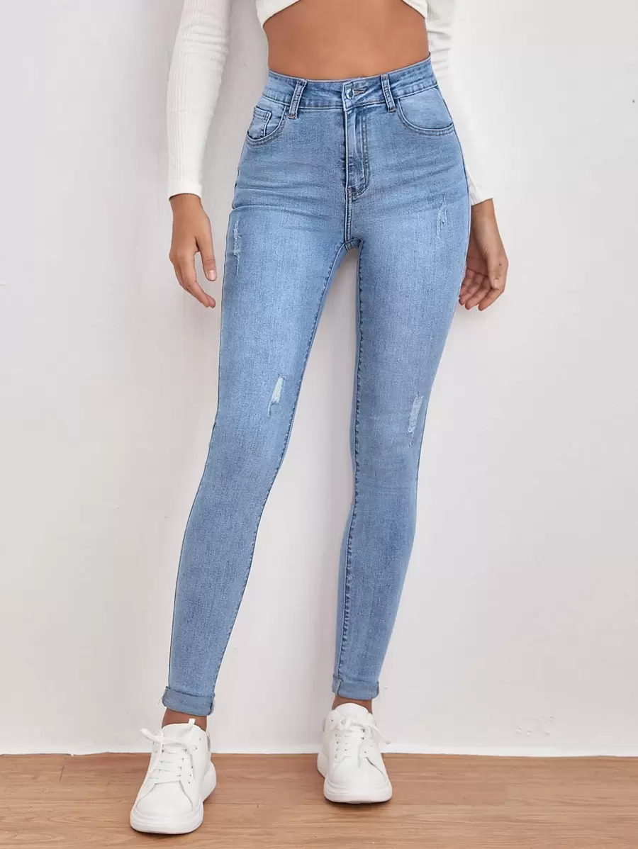 SHEIN Frenchy Jeans ajustados de talle alto con diseño roto - Lavado ligero - Ver 1
