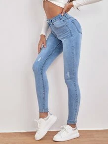 SHEIN Frenchy Jeans ajustados de talle alto con diseño roto - Lavado ligero - Ver 5