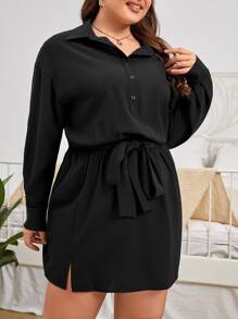 SHEIN Clasi Vestido camisero con botón delantero con cinturón - Negro - Ver 1