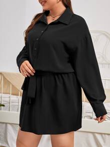 SHEIN Clasi Vestido camisero con botón delantero con cinturón - Negro - Ver 5