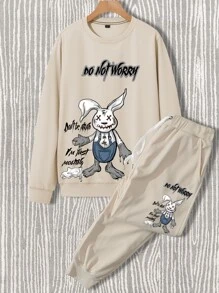 Manfinity Homme 男士卡通和標語圖案運動衫和腰部抽繩衛褲 - 杏色 - 查看 6