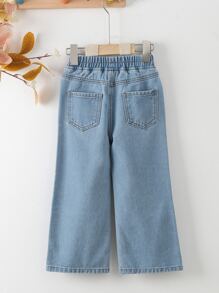 小女童蝴蝶圖案破洞牛仔褲 - 淺色水洗藍 - 查看 2