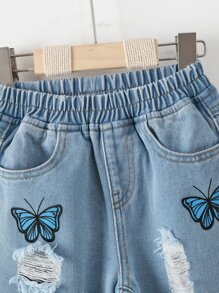 小女童蝴蝶圖案破洞牛仔褲 - 淺色水洗藍 - 查看 3