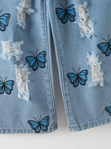 小女童蝴蝶圖案破洞牛仔褲 - 淺色水洗藍 - 查看 6