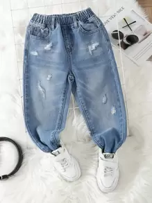 Toddler Boys Ripped Frayed Bleach Wash Jogger Jeans - Light Wash - View 1