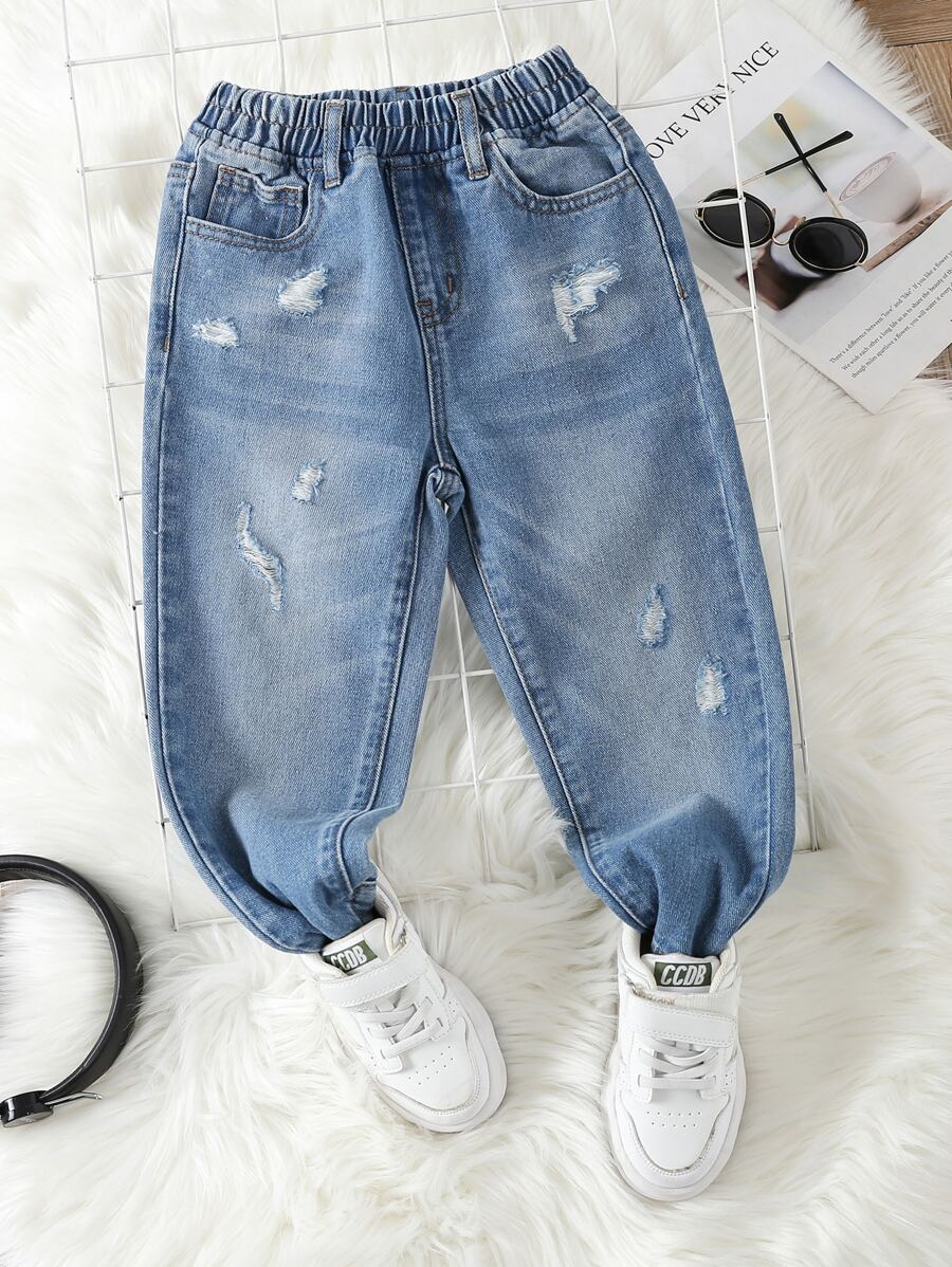 Toddler Boys Ripped Frayed Bleach Wash Jogger Jeans - Light Wash - View 1