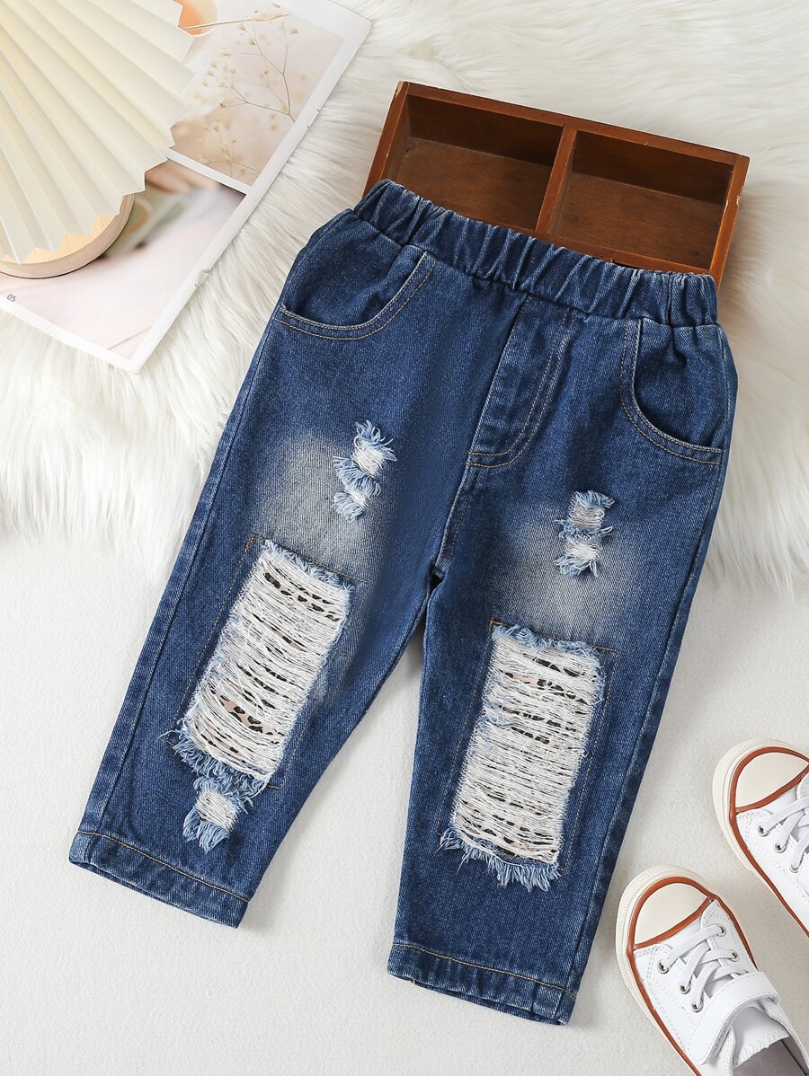 Bebé Jeans desgarro con diseño con bolsillo - Azul lavado oscuro - Ver 1