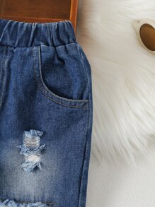 Bebé Jeans desgarro con diseño con bolsillo - Azul lavado oscuro - Ver 4