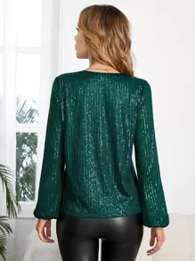 EMERY ROSE V Neck Lantern Sleeve Sequin Blouse