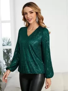 EMERY ROSE V Neck Lantern Sleeve Sequin Blouse